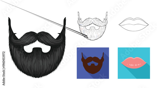Stylized illustrations of male facial hair and lips presented in various graphic formats including realistic and flat design icons.