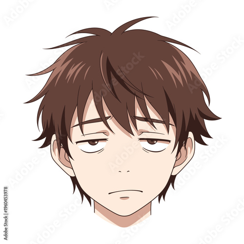 Anime character with tired expression and messy brown hair.