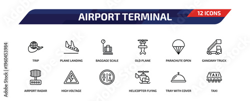 airport terminal outline icon set. 12 linear vector for ui, web and mobile. thin line trip, plane landing, baggage scale and more icons.