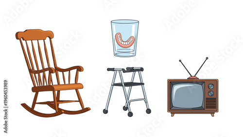 Collection of objects related to senior living includes a wooden rocking chair, dentures in glass, walker and old television.