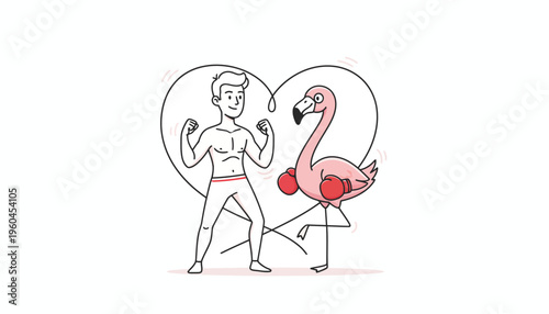 Whimsical illustration of a strong man playfully confronting a boxing flamingo within a loving