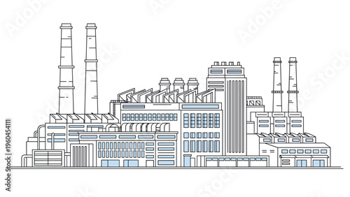 Detailed outline illustration of a large industrial factory complex with multiple chimneys, pipes, and buildings for manufacturing themes.