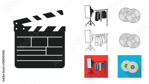 Movie production icons and symbols including a clapperboard, studio lighting, costume racks, and compact discs in various graphic styles.