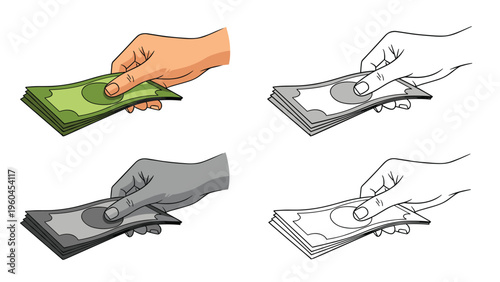 Hand holding a stack of green dollar bills shown in four different graphic styles including full color, monochrome, and line art versions.