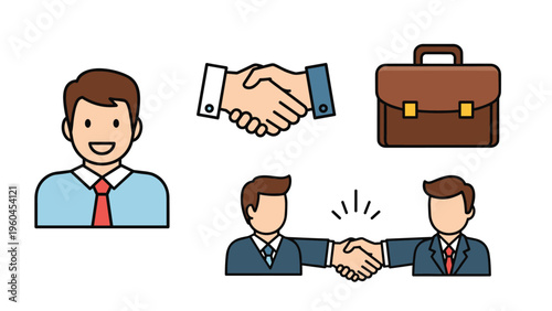 Business themed illustrations and icons featuring professional men, successful handshakes, and a leather briefcase for corporate designs.