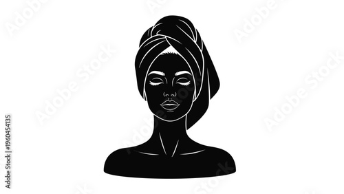 Black silhouette of a serene woman with her eyes closed and a towel wrapped around her head representing spa and wellness relaxation.
