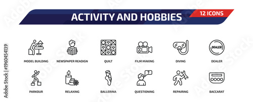activity and hobbies outline icon set. 12 linear vector for ui, web and mobile. thin line model building, newspaper readign, quilt and more icons.