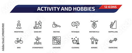 activity and hobbies outline icon set. 12 linear vector for ui, web and mobile. thin line meditating, sand art, resting and more icons.