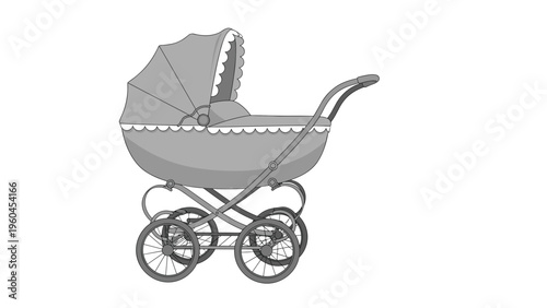 Detailed grey illustration of a classic vintage-style baby carriage or pram with large spoked wheels and an adjustable canopy against white.