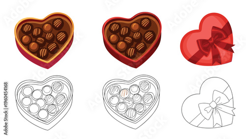 Heart-shaped boxes of assorted chocolates for Valentine's Day shown in various styles including full color with ribbons and line art drawings.