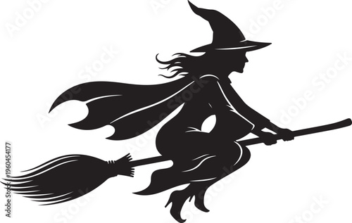 Black witch silhouette, flying on broomstick, Halloween icon, vector graphic