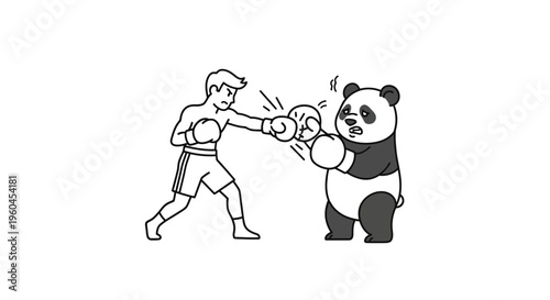 Whimsical cartoon illustration of a determined boxer sparring with a surprised panda bear in a