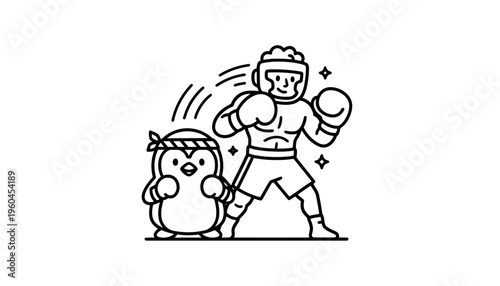 Playful cartoon boxer and cute penguin in boxing attire ready for a friendly match illustration