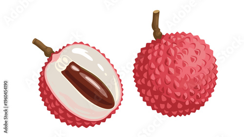 Sweet lychee fruits presented as a whole specimen and a sliced half revealing the dark brown seed and juicy white translucent flesh.