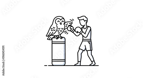Whimsical line art illustration of a boxer playfully sparring with a cheerful owl on a pedestal