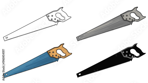 Hand saw tools shown in four distinct graphic styles including line art and colored versions for construction and woodworking project designs.