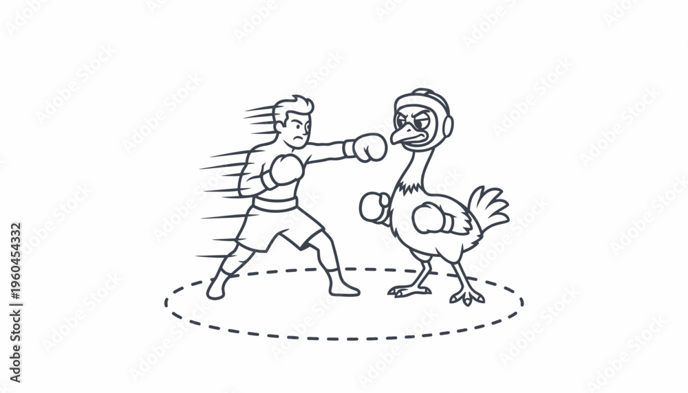 Obraz premium Intense cartoon boxing match between a focused human pugilist and a challenging feathered
