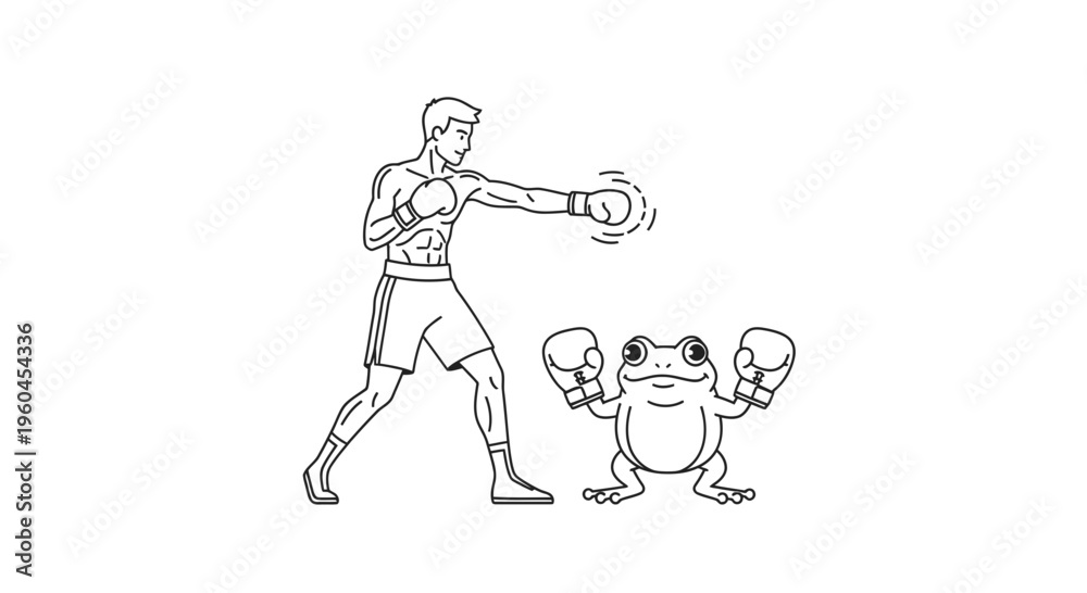 Fototapeta premium Dynamic cartoon illustration of a determined boxer sparring with an amusing frog wearing boxing