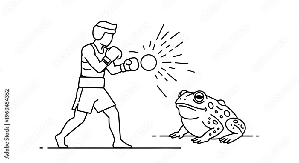 Obraz premium Whimsical monochrome illustration of a boxer delivering a glowing punch towards a stoic, speckled
