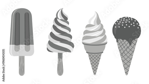 Assorted ice cream treats including popsicles cones and sundaes shown in a consistent greyscale style for dessert menu and shop marketing.