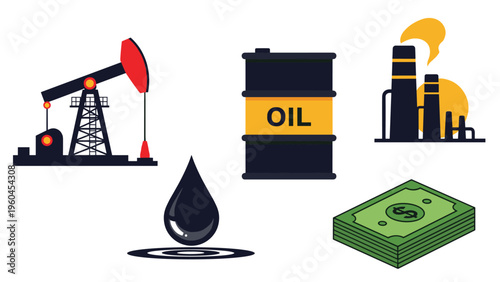 Industrial oil sector icons depicting a pumpjack storage barrel factory building a drop of crude oil and a stack of money for business.