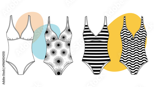 Selection of four women's one-piece swimsuits featuring different patterns such as solid colors and stripes for summer beach fashion designs.