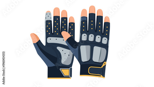 Pair of professional cycling or weightlifting gloves with protective padding shown in a flat vector illustration style for sports gear themes.