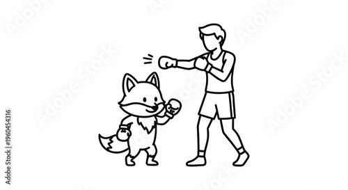 Charming Line Art Illustration of a Human and Fox Sparring Together in a Friendly Boxing Match