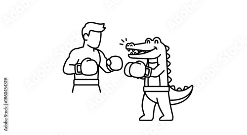 Comical boxing match illustration between a man and an alligator in playful cartoon line art style