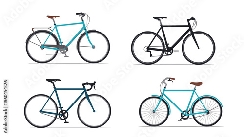 Collection of four different bicycle types including road bikes and city bikes shown in various color schemes for cycling enthusiasts.
