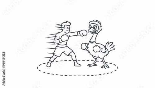 Intense cartoon boxing match between a focused human pugilist and a challenging feathered