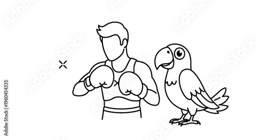 A captivating monochrome line art depiction of a determined boxer posing alongside a cheerful