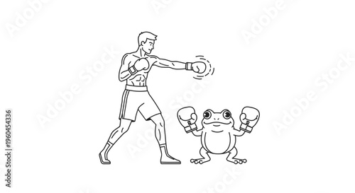 Dynamic cartoon illustration of a determined boxer sparring with an amusing frog wearing boxing