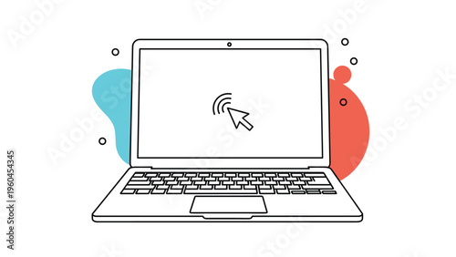 Laptop computer with a cursor arrow clicking on the empty white screen shown in a simple outline style on a modern colorful background.
