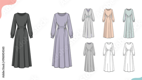 Selection of long-sleeved maxi dresses in various colors and outline styles used for illustrating modest fashion and apparel retail concepts.