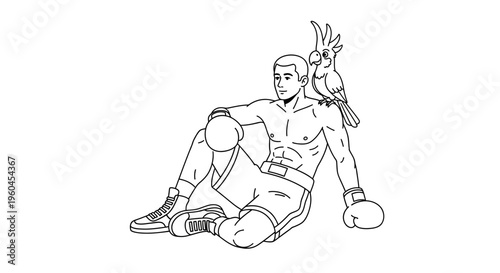 Line art illustration of a powerful boxer resting with his loyal feathered companion, a unique duo
