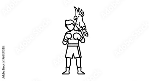 Minimalist line art illustration of a focused boxer standing with a majestic crested parrot on his