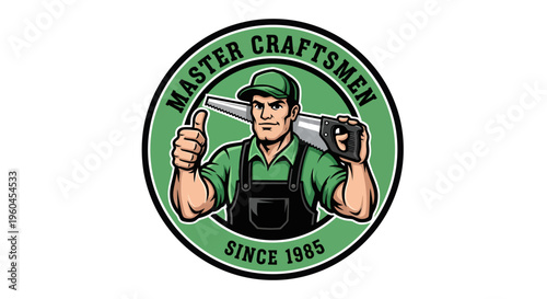 Master Craftsmen Logo with Carpenter Holding Saw and Giving Thumbs Up.