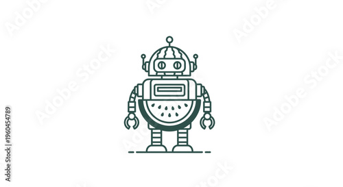 Charming line art illustration depicting a playful robot with a watermelon-inspired design