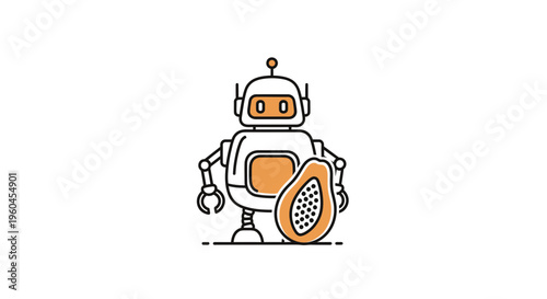 Modern robot character with a vibrant orange papaya half showcasing future food interaction icon