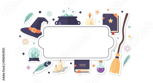 Magical elements banner with witch hat cauldron and broomstick