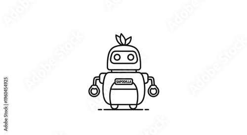 Charming minimalist robot icon with sapodilla fruit branding, blending nature and future