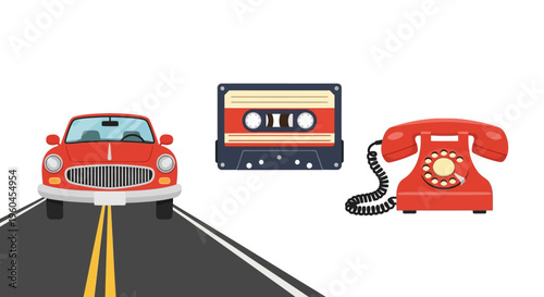Retro elements with car cassette and telephone icons on white