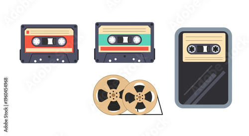 Retro audio collection with cassettes and reel to reel in flat design