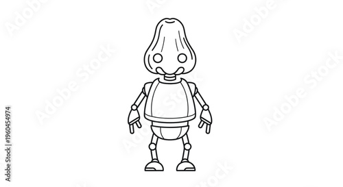 Outline sketch of a charming small robot character with a distinctive bulbous head and minimalist