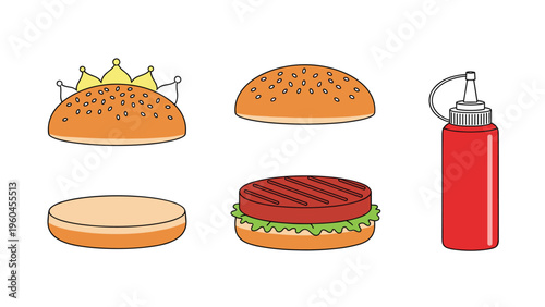 Deconstructed view of a classic hamburger includes the bun, patty, lettuce, a crown topping, and a red bottle of tomato ketchup.