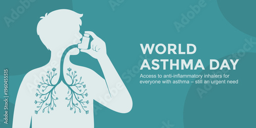 World Asthma Day banner featuring silhouette of a person using an inhaler with connected lungs visualization, highlighting the importance of access to anti-inflammatory inhalers for people with asthma