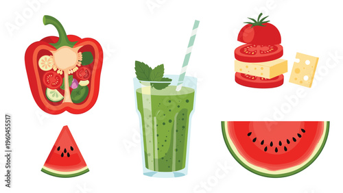 Array of healthy food options includes a stuffed bell pepper, a green vegetable smoothie, a tomato cheese stack, and watermelon slices.