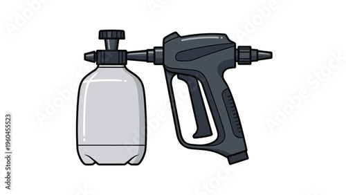 Detailed illustration of a professional spray gun tool with a large plastic container used for painting, cleaning, or disinfecting.