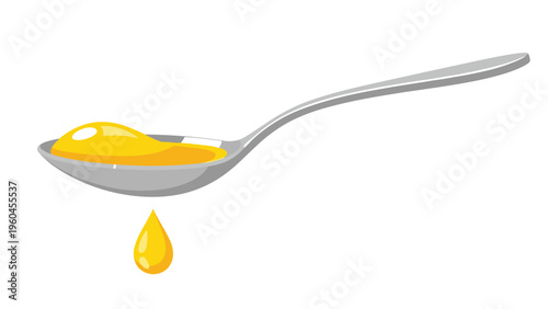 Simple illustration of a metallic spoon holding a pool of golden oil or honey with a single drop falling from the bottom edge.
